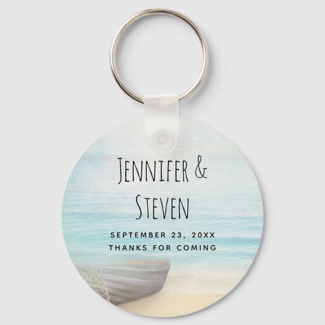  Coastal Beach Scene with a Fishing Boat Wedding Key Ring (Front)