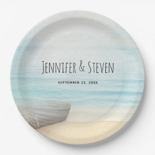 Coastal Beach Scene with a Fishing Boat Wedding Paper Plate