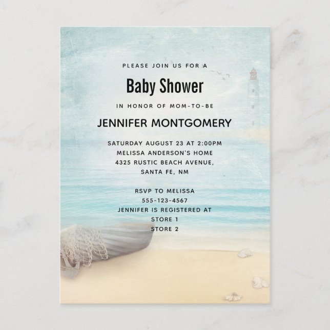 Coastal Beach Scene with Boat & Lighthouse Invitat Invitation Postcard (Front)