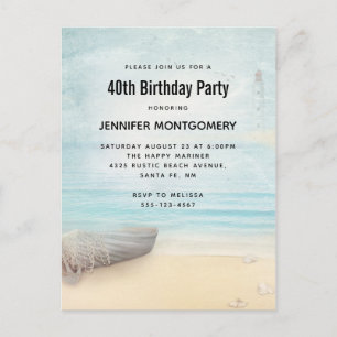 Coastal Beach Scene with Boat & Lighthouse Invitation Postcard