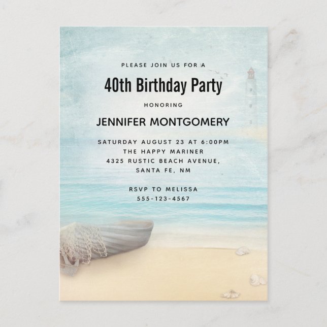 Coastal Beach Scene with Boat & Lighthouse Invitation Postcard (Front)