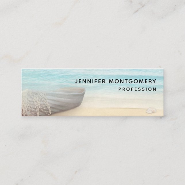 Coastal Beach Scene with Wood Rowboat Mini Busines Business Card (Front)