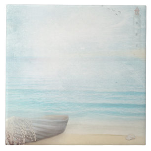 Coastal Beach Scene with Wooden Rowboat Ceramic Tile
