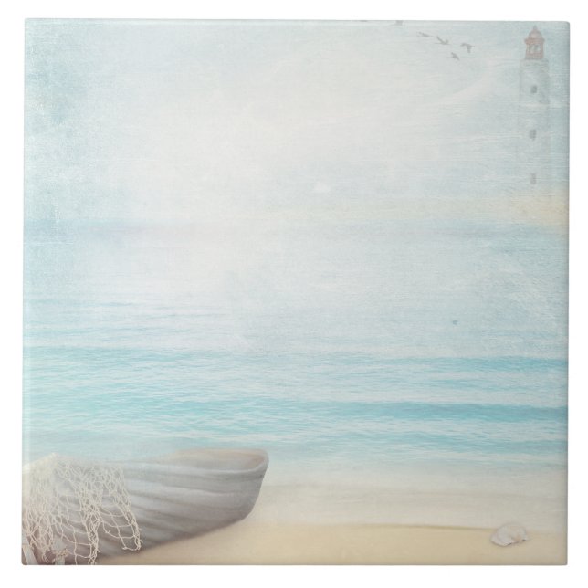 Coastal Beach Scene with Wooden Rowboat Ceramic Tile (Front)