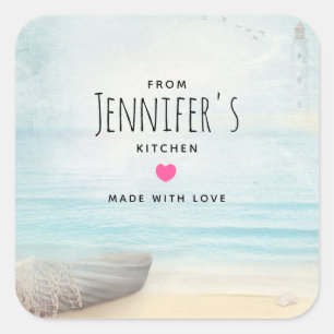 Coastal Beach Scene with Wooden Rowboat Kitchen Square Sticker