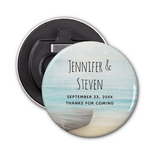 Coastal Beach Scene with Wooden Rowboat Wedding Bottle Opener (Front)