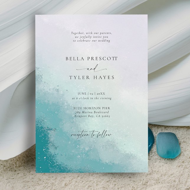 Coastal Beach Sea Glass Teal Lavender Chic Wedding Invitation (coastal wedding invitation sea glass teal blue lavender purple modern ocean beach elegant chic)