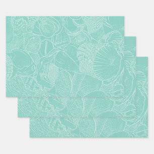 Coastal Beach Sea Shell Teal Green White Decoupage Wrapping Paper Sheet