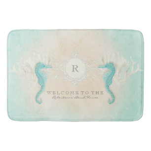 Coastal Beach Seahorse Ocean Sand Aqua Blue Tan Bath Mat