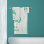 Coastal Beach SEAS & GREETINGS Turquoise Glitter Bath Towel Set<br><div class="desc">Coastal, beach or tropical Christmas holiday towel set to decorate your bathroom or guest bath. The design features SEAS AND GREETINGS in modern calligraphy script typography in turquoise, aqua and teal watercolor with coral, starfish and sand dollars accented with faux glitter. ASSISTANCE: For help with design modification or personalisation, colour...</div>