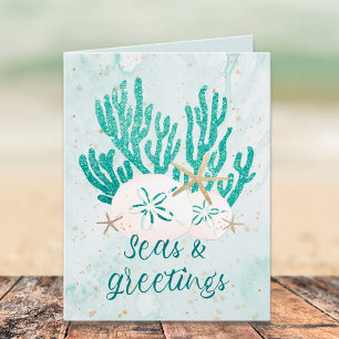 Coastal Beach SEAS & GREETINGS Turquoise Glitter Holiday Card