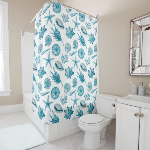 Coastal Beach Seashells Aqua Teal Blue Shower Curtain