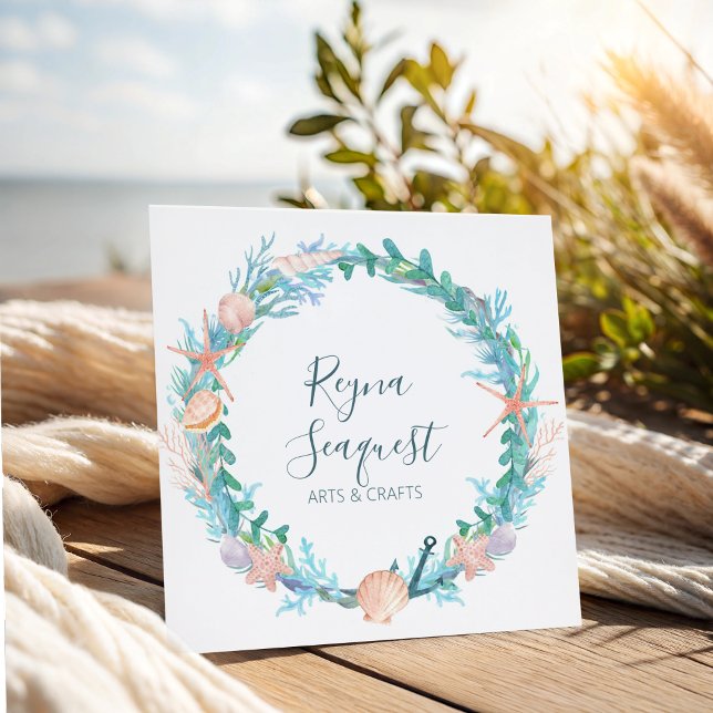 Coastal Beach Seashells Nautical Wreath Square Business Card (Creator Uploaded)