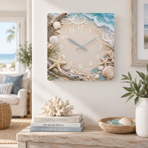 Coastal Beach Seashells Starfish Ocean Square Wall Clock