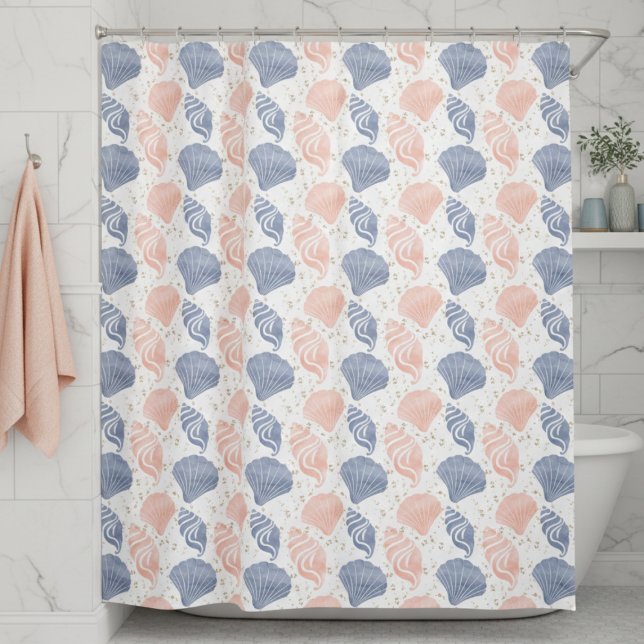 Coastal Beach Shower Curtain (pastel pink blue coastal seashell pattern shower curtain)