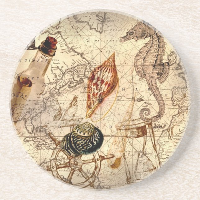 Coastal beach starfish seashell Nautical Map Coaster (Front)