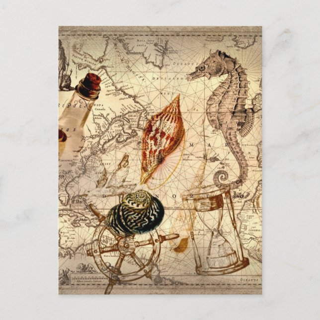 Coastal beach starfish seashell Nautical Map Postcard (Front)