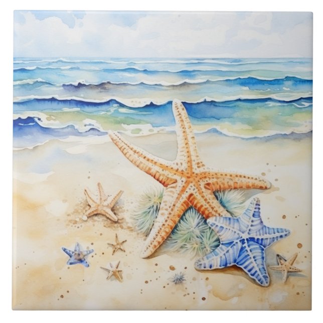 Coastal Beach Starfish Watercolor Ceramic Tile (Front)