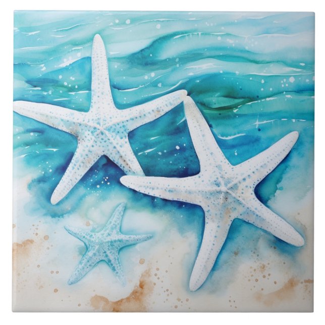 Coastal Beach Starfish Watercolor Ceramic Tile (Front)