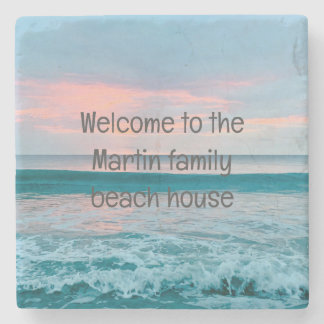 Coastal beach sunrise blue coaster personalised