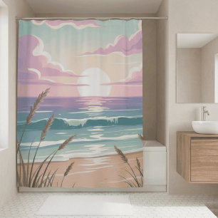 Coastal Beach Sunset Watercolor Pastel Sea Grass Shower Curtain