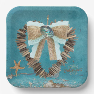 Coastal Beach Theme Driftwood Heart Valentine Day  Paper Plate