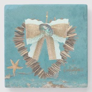 Coastal Beach Theme Driftwood Heart Valentine Day Stone Coaster