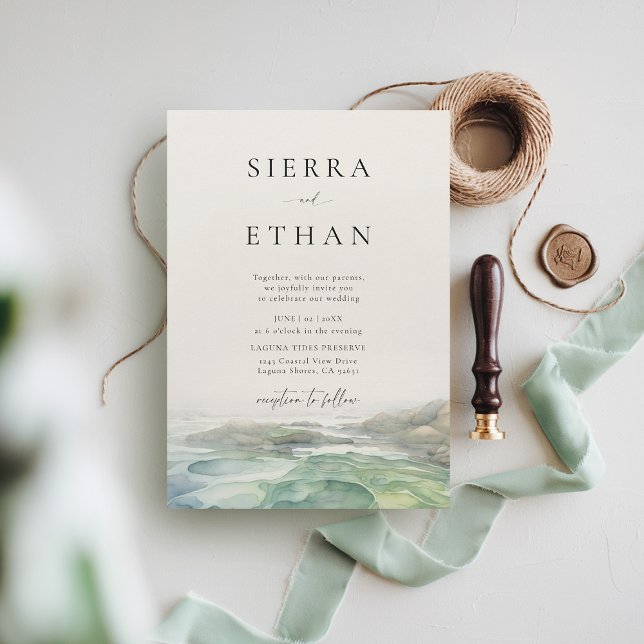 Coastal Beach Tide Pool Ecru Green Elegant Wedding Invitation (coastal wedding invitation rocky beach tide pool sage green ecru elegant romantic)