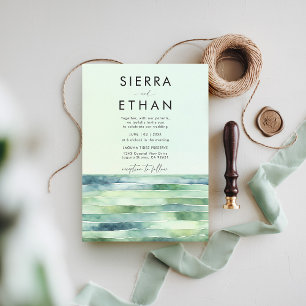 Coastal Beach Tide Pool Sea Green Stripes Wedding Invitation