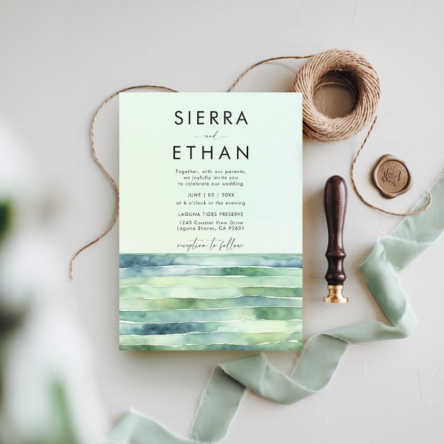 Coastal Beach Tide Pool Sea Green Stripes Wedding Invitation (coastal wedding invitation rocky beach tide pool sea sage green stripes elegant modern romantic)