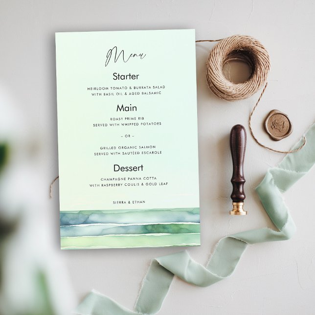 Coastal Beach Tide Pool Sea Green Wedding Menu (coastal wedding menu green theme tide pool sea sage modern elegant calligraphy beach ocean)