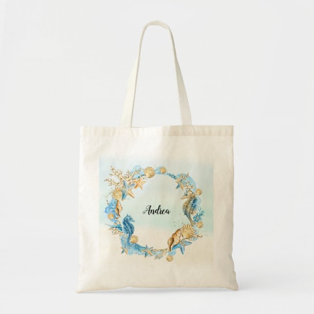 Coastal Beach Tote with Seashells, Starfish Bag (Front)