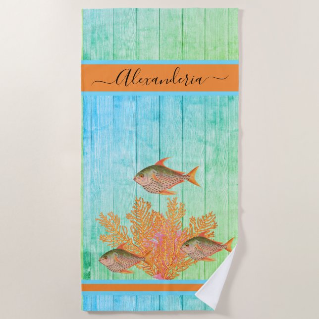 Coastal Beach Tropical Fish Teal Blue Coral Pink Beach Towel (Front)