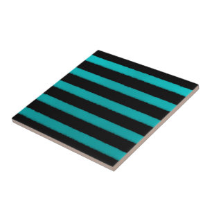 Coastal Beach Turquoise Wave Stripes On Black   Ceramic Tile