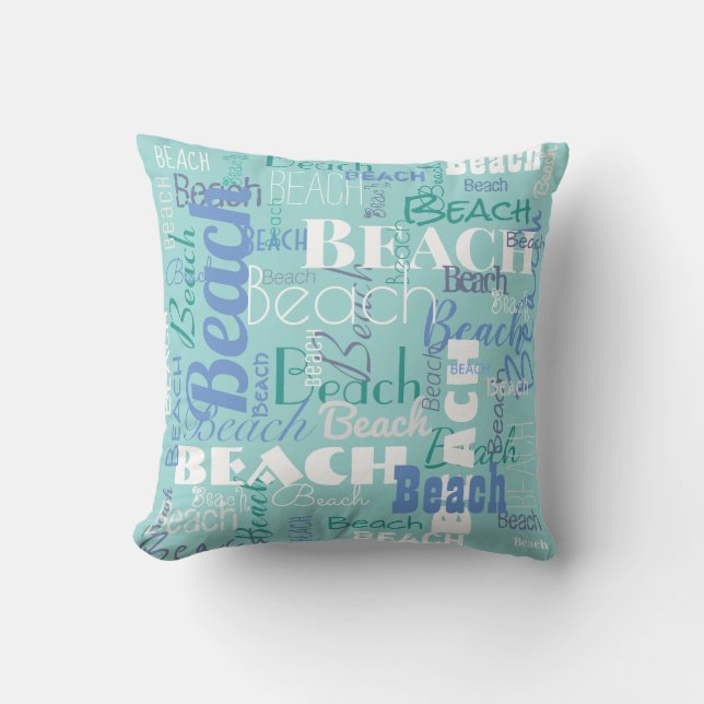 Coastal Beach Typography Pattern Tropical Sea Blue Cushion (Front)