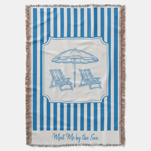 Coastal Beach Vibes Blue Stripes Throw Blanket (Front Vertical)