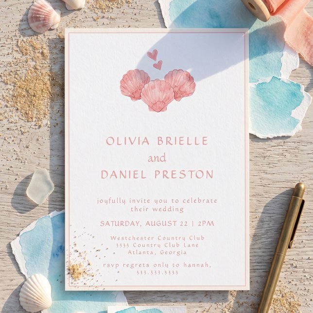 Coastal Beach Watercolor Pink Shells Wedding Invitation (Creator Uploaded)