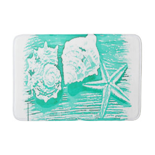 coastal beach watercolor teal seashell starfish bath mat