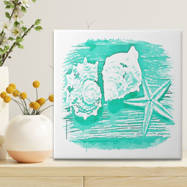 coastal beach watercolor teal seashell starfish ceramic tile (coastal beach watercolor teal seashell starfish ceramic tile)