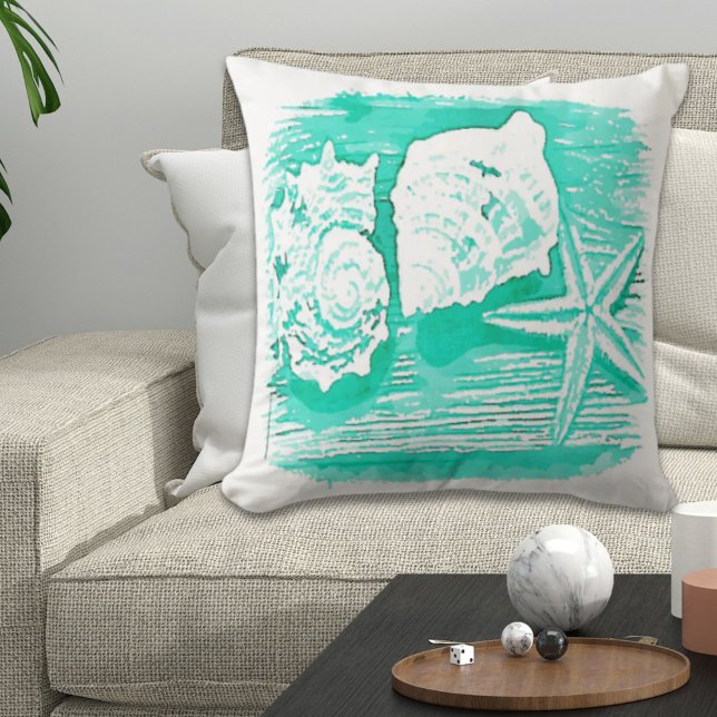 coastal beach watercolor teal seashell starfish cushion (coastal beach watercolor teal seashell starfish throw pillow)
