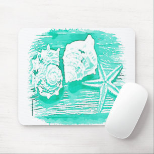coastal beach watercolor teal seashell starfish mouse pad