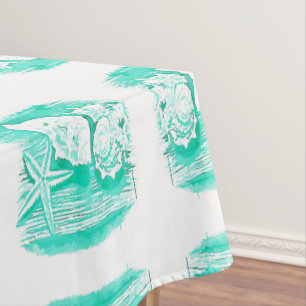 coastal beach watercolor teal seashell starfish tablecloth