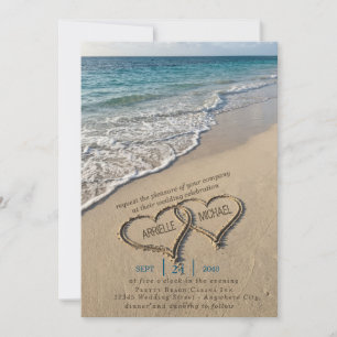 Coastal Beach Wedding Invite Heart in Sand