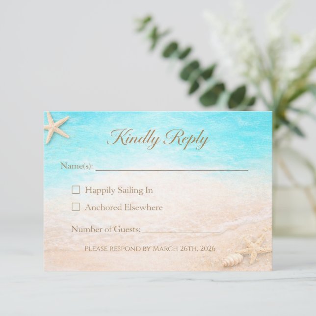 Coastal Beach Wedding RSVP Card Starfish (Standing Front)