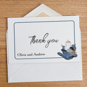 Coastal beach wedding sea ocean blue iris floral thank you card