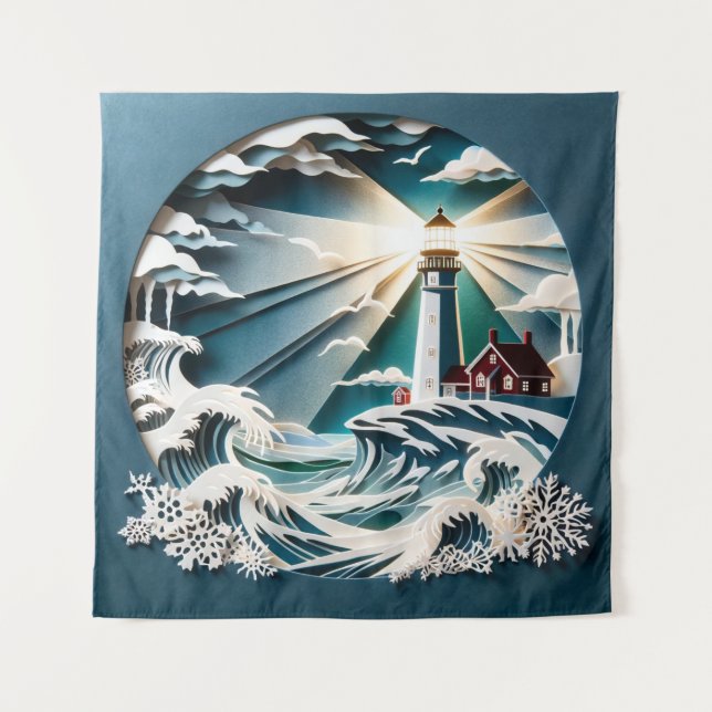 Coastal Beacon: A Papercut Art Lighthouse Scene Tapestry (Front)