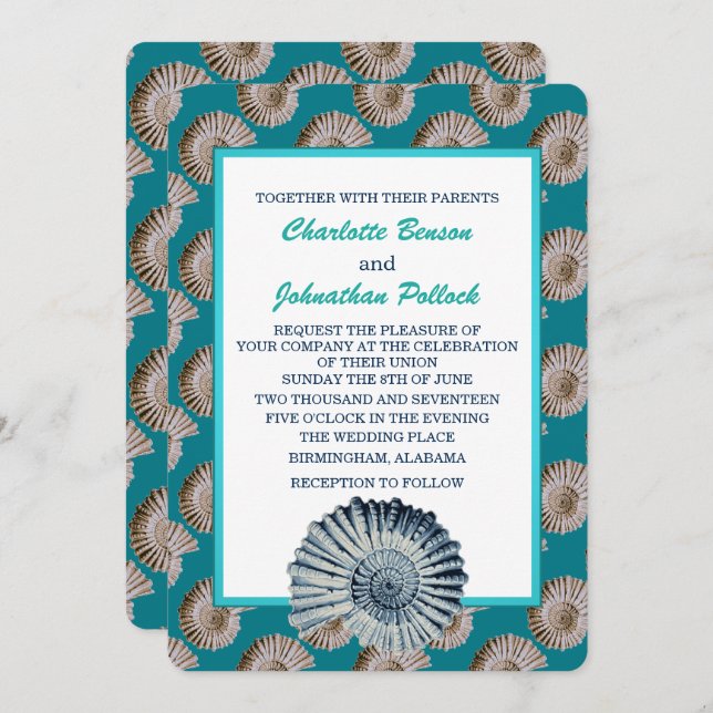Coastal Beige & Blue Seashells Wedding Invitation (Front/Back)