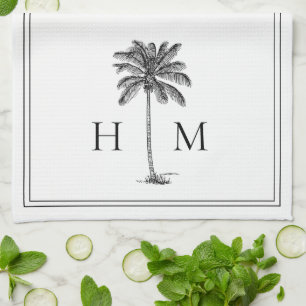 Coastal Black and White Palmetto Palm Monogram Tea Towel