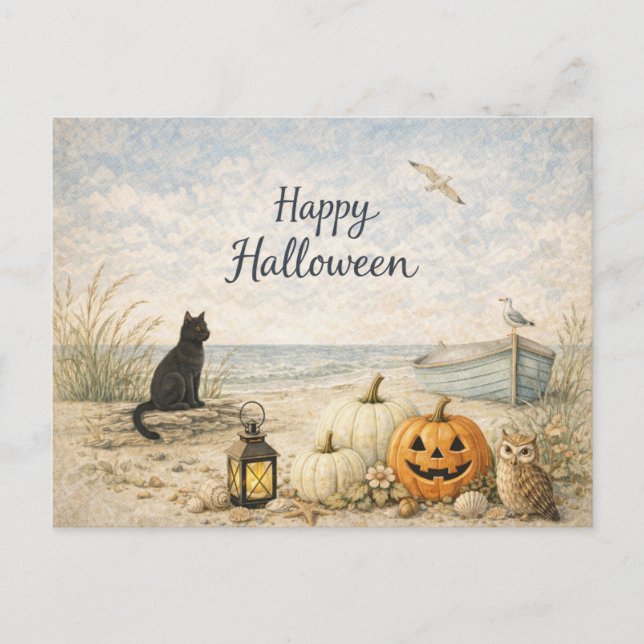 Coastal Black Cat Rowboat Halloween Holiday Postcard (Front)