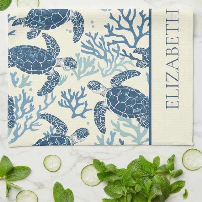 Coastal Blue and Cream Sea Turtles Personalised Tea Towel (Folded)